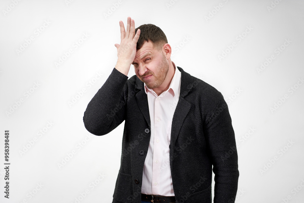 Stressed businessman with hand on the forehead over grey background with copy space, sadness and disappointed concept Stressed businessman with hand on the forehead over grey background with copy space, sadness and disappointed concept