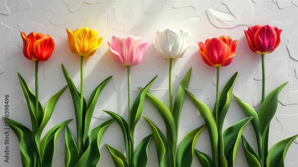 Bright tulips with green leaves on a serene white background Bright tulips with green leaves on a serene white background