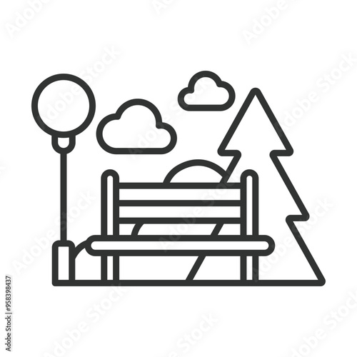Park bench, in line design. Outdoor seating, garden bench, public park, relaxation, outdoor furniture, sitting area, on white background vector. Park bench, editable stroke icon.