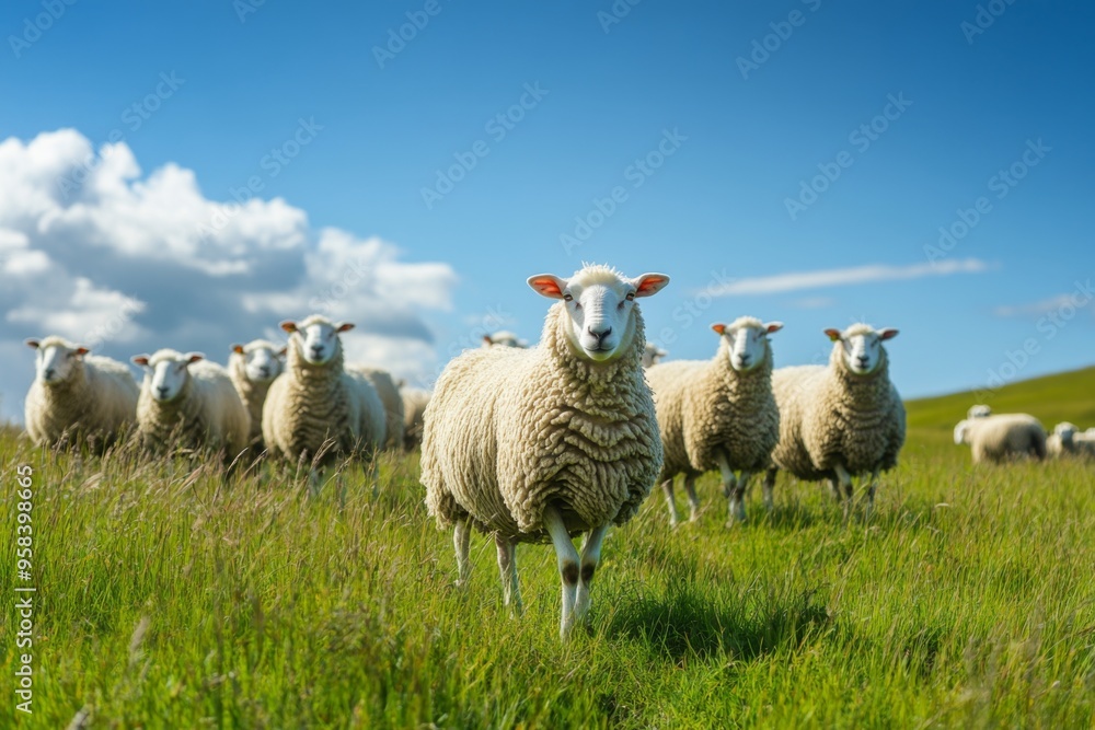Fototapeta premium Charming Sheep Grazing Peacefully in a Lush Green Pasture Under a Clear and Beautiful Blue Sky