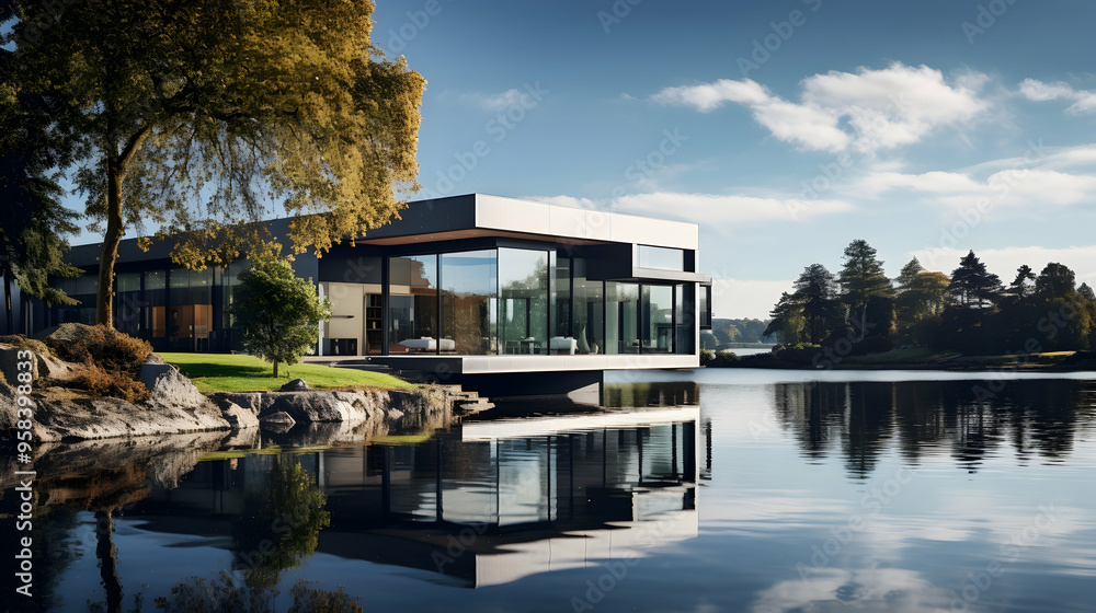 The reflective surfaces of a lakeside residence The reflective surfaces of a lakeside residence