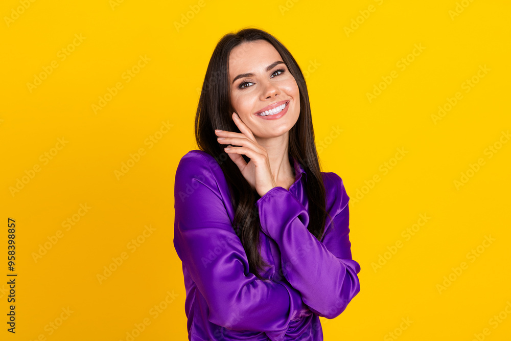 Photo of positive smiling lady touch face smooth skin isolated bright color background Photo of positive smiling lady touch face smooth skin isolated bright color background
