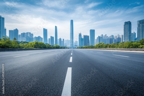 Asphalt highway road and city skyline with modern buildings scenery in Guangzhou. Car background , ai