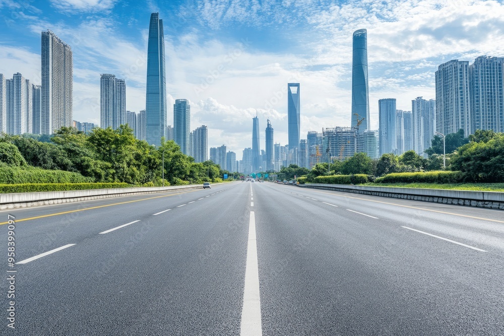 Asphalt highway road and city skyline with modern buildings scenery in Guangzhou. Car background , ai Asphalt highway road and city skyline with modern buildings scenery in Guangzhou. Car background , ai
