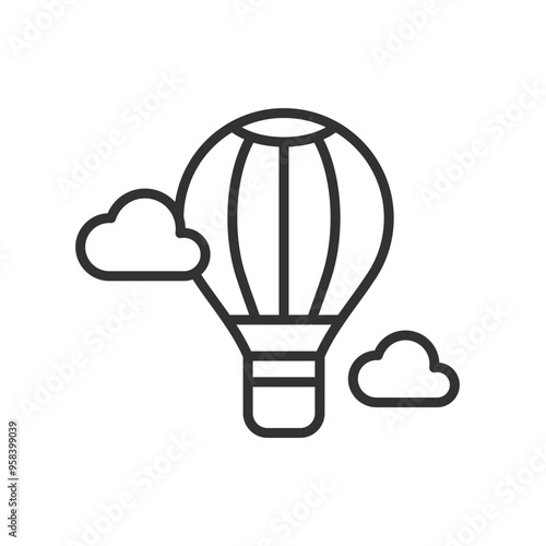 Air balloon, in line design. Air balloon, hot air balloon, flight, travel, adventure, sky, transportation on white background vector. Air balloon editable stroke icon.