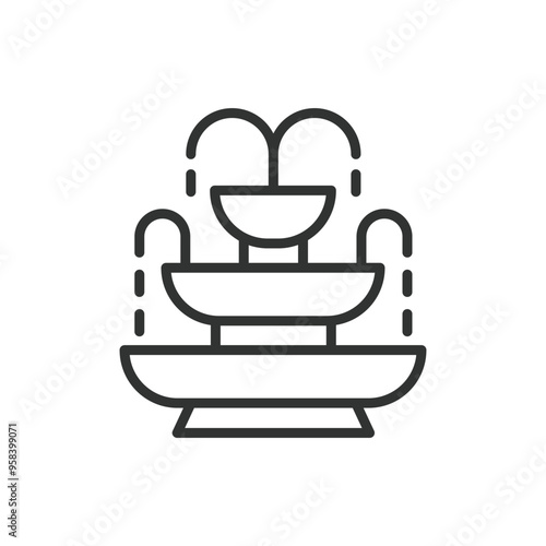 Fountain, in line design. Fountain, water, park, garden, outdoor, water feature, architecture on white background vector. Fountain editable stroke icon.