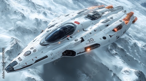 Futuristic Spaceship Soaring Above Snowy Mountains