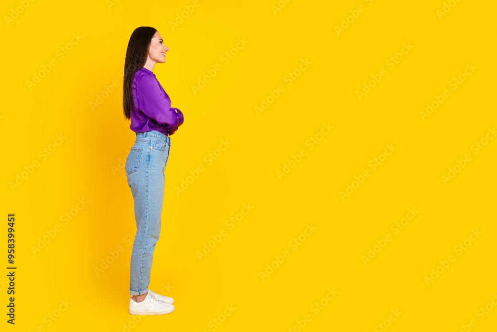Photo of lady with crossed hands look empty space profile side isolated bright color background Photo of lady with crossed hands look empty space profile side isolated bright color background