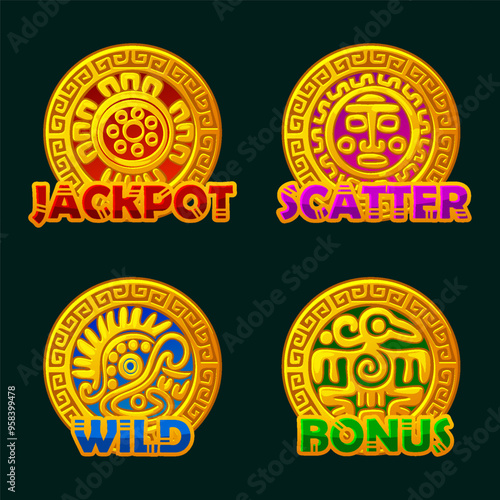 Maya or Aztec symbols in ornament frame. Golden symbols Wild, Scatter, Bonus and Jackpot for your slots games photo