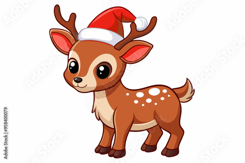 Christmas baby reindeer vector art with Santa Claus hat, Funny Xmas deer illustration on white background