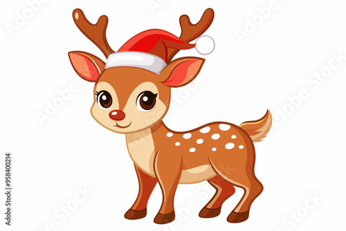 Christmas baby reindeer vector art with Santa Claus hat, Funny Xmas deer illustration on white background