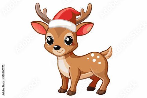 Christmas baby reindeer vector art with Santa Claus hat, Funny Xmas deer illustration on white background