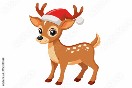 Christmas baby reindeer vector art with Santa Claus hat, Funny Xmas deer illustration on white background