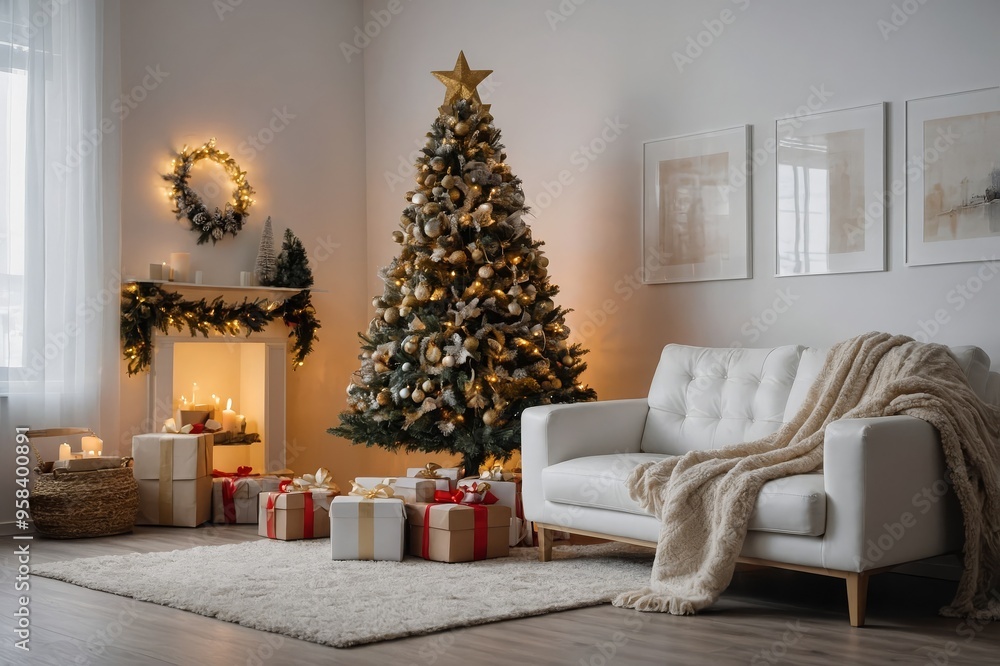 Living Room Christmas interior in Scandinavian style. Christmas tree with gift boxes. white sofa on wall Mockup Living Room Christmas interior in Scandinavian style. Christmas tree with gift boxes. white sofa on wall Mockup