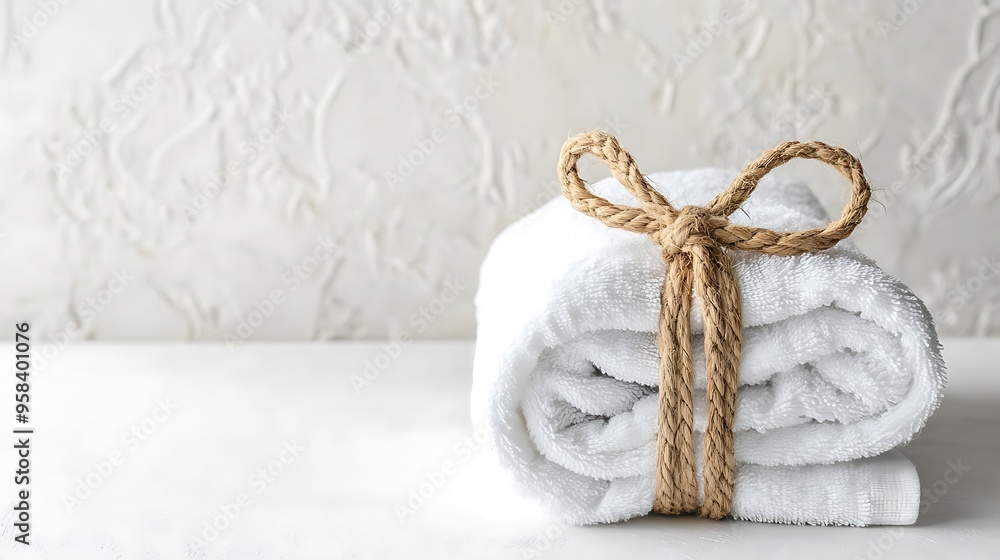 Folded White Towel Tied with a Rope Bow Folded White Towel Tied with a Rope Bow
