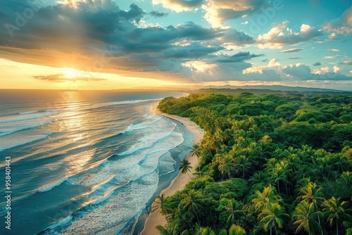 Stunning Tropical Beach with Lush Greenery and Vibrant Sunset Over Ocean Waves