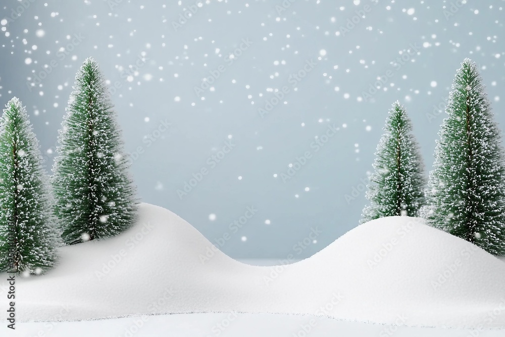 Obraz premium White podium with fir trees and falling snow. Display for winter holidays, New Year and Christmas product presentation
