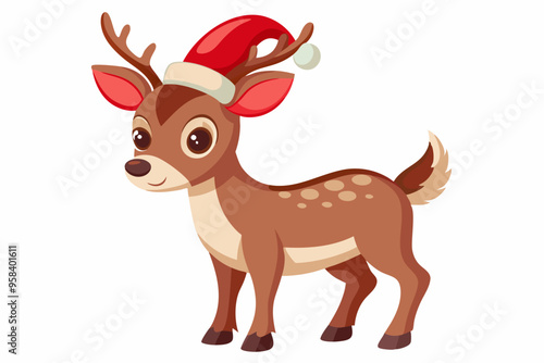 Christmas baby reindeer vector art with Santa Claus hat, Funny Xmas deer illustration on white background