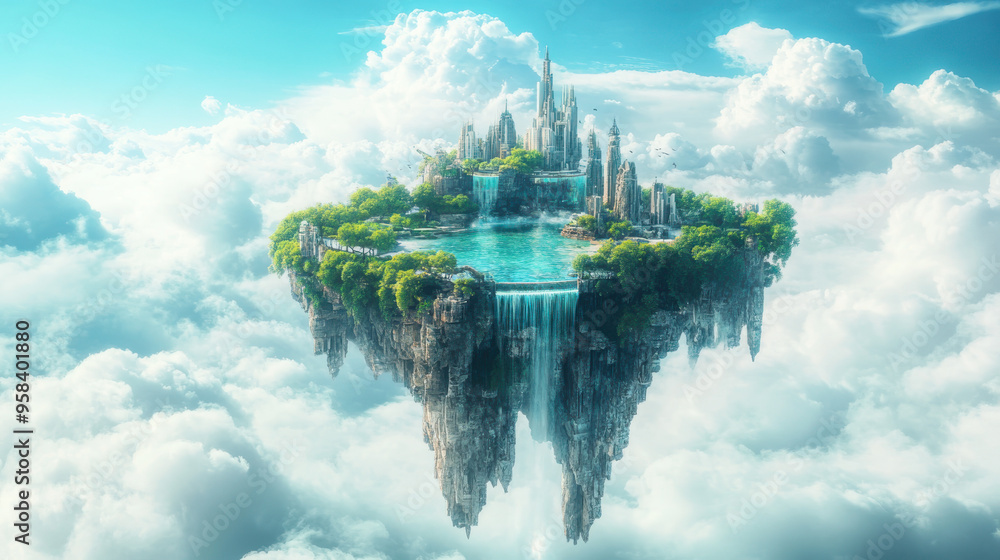 Design a whimsical 3D rendered background of a floating island surrounded by fluffy clouds. Design a whimsical 3D rendered background of a floating island surrounded by fluffy clouds.