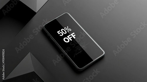 Smartphone displaying discount in a minimalist black and white design, AI generated image. Black Friday shopping online