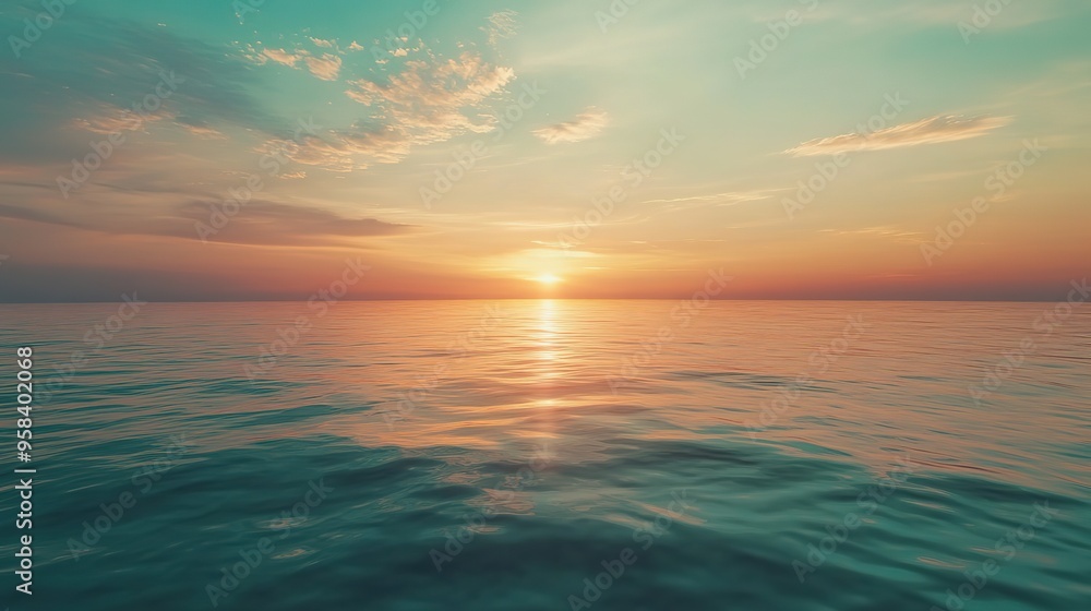 Fototapeta premium Sunset Serenity at the Seashore: Golden Rays Blending the Sky and Sea Horizon