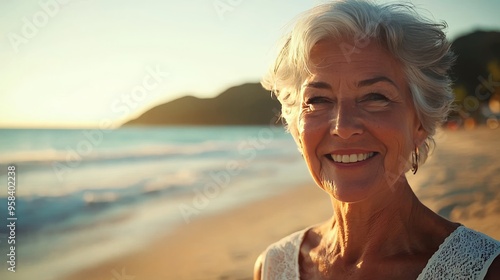 Joyful Woman with Silver Hair Smiling While Walking on the Beach at Sunset