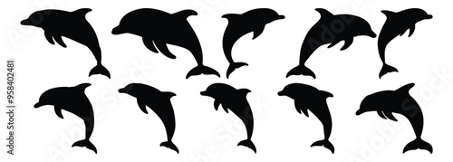 Dolphin silhouettes set, marine pack of vector silhouette design, isolated background