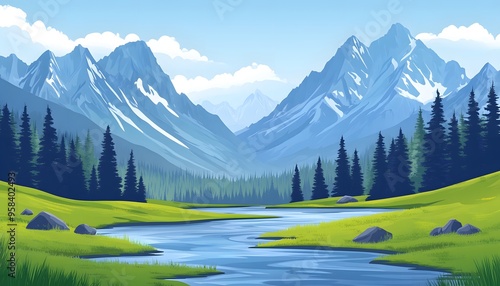 Mountain River Landscape Illustration