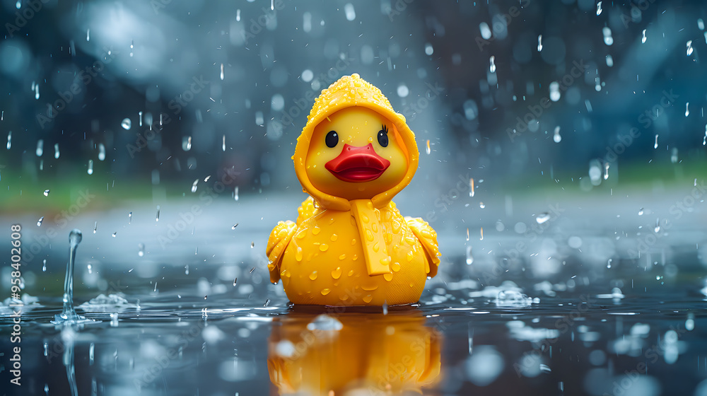 Toy duck wearing yellow raincoat and red nose in the rain
Toy duck wearing yellow raincoat and red nose in the rain