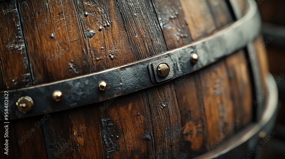 Fototapeta premium Close-up of an antique wooden barrel, showcasing weathered texture and metal bands, perfect for rustic and vintage themes.