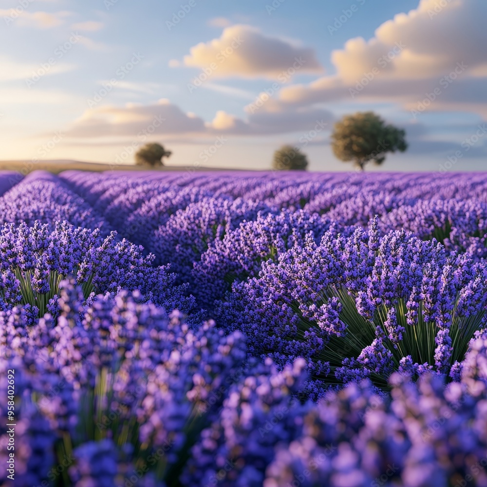 Naklejka premium Sunset over a peaceful lavender field with golden light