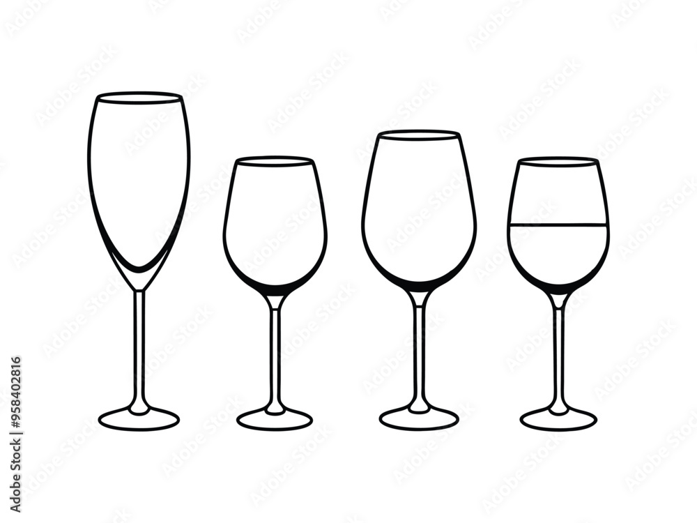 Minimalist black and white line drawing of four identical wine glasses in symmetric arrangement Minimalist black and white line drawing of four identical wine glasses in symmetric arrangement