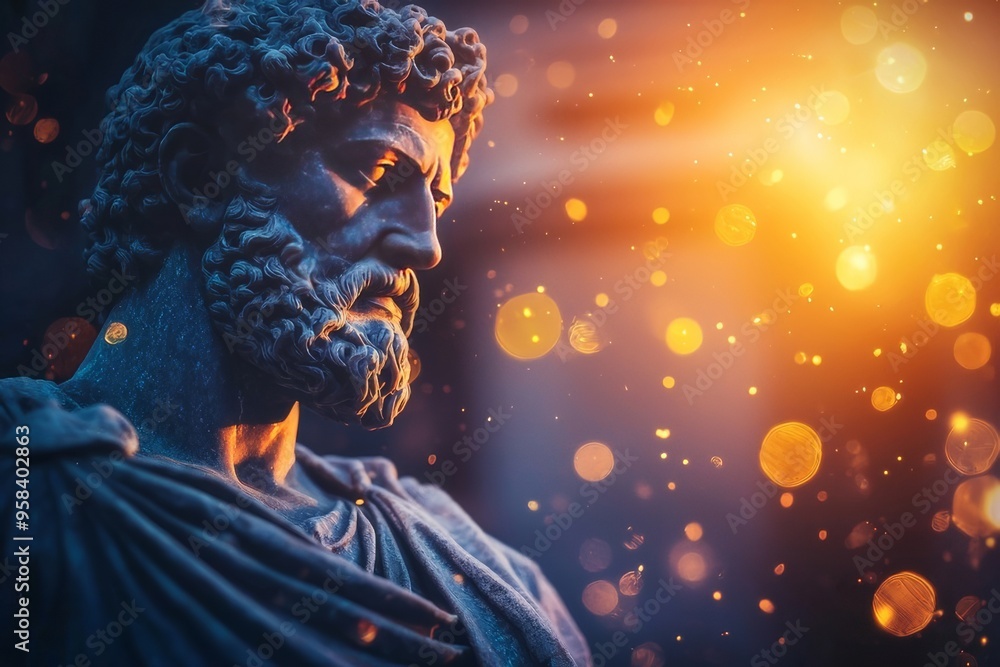 Obraz premium Statue of Marcus Aurelius in a Grand Roman Setting with Dramatic Lighting and Vibrant Colors