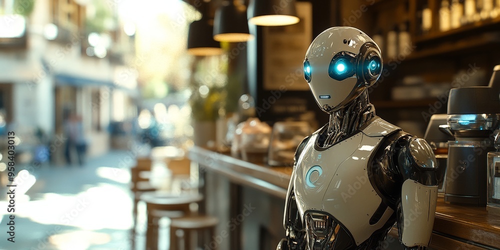 Sleek Robot Serving Drinks in a Futuristic Minimalist Cafe Sleek Robot Serving Drinks in a Futuristic Minimalist Cafe