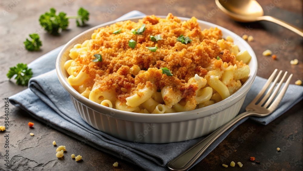 Creamy macaroni and cheese with a crispy breadcrumb topping , comfort food, pasta, American, lunch, dinner, cheesy, creamy Creamy macaroni and cheese with a crispy breadcrumb topping , comfort food, pasta, American, lunch, dinner, cheesy, creamy