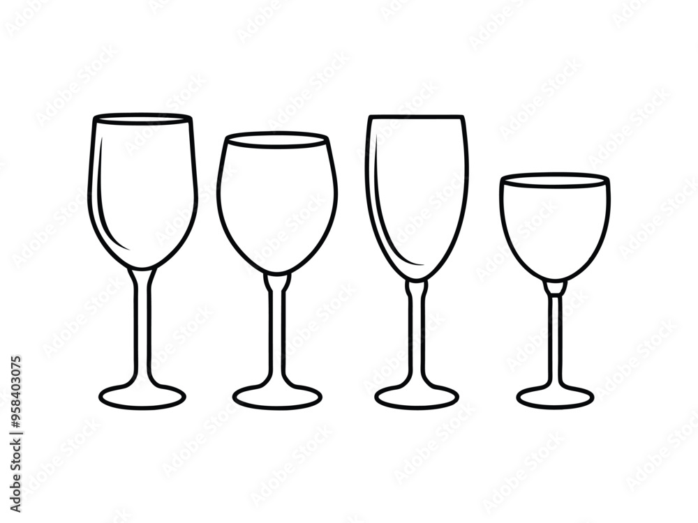 Minimalist black and white line drawing of four identical wine glasses in symmetric arrangement Minimalist black and white line drawing of four identical wine glasses in symmetric arrangement
