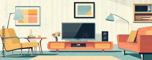 Wallpaper Mural Retro-style living room interior design with vintage furniture and decor, featuring a cozy seating area and modern entertainment setup. Torontodigital.ca