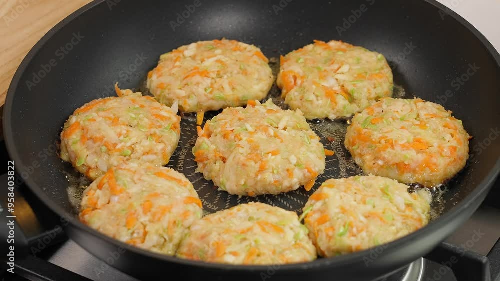 Cooking vegetarian cutlets, fried in a black frying pan in oil. Cutlet of vegetables carrots, onions, paprika, potatoes and zucchini. Healthy eating concept, close-up, top view Cooking vegetarian cutlets, fried in a black frying pan in oil. Cutlet of vegetables carrots, onions, paprika, potatoes and zucchini. Healthy eating concept, close-up, top view