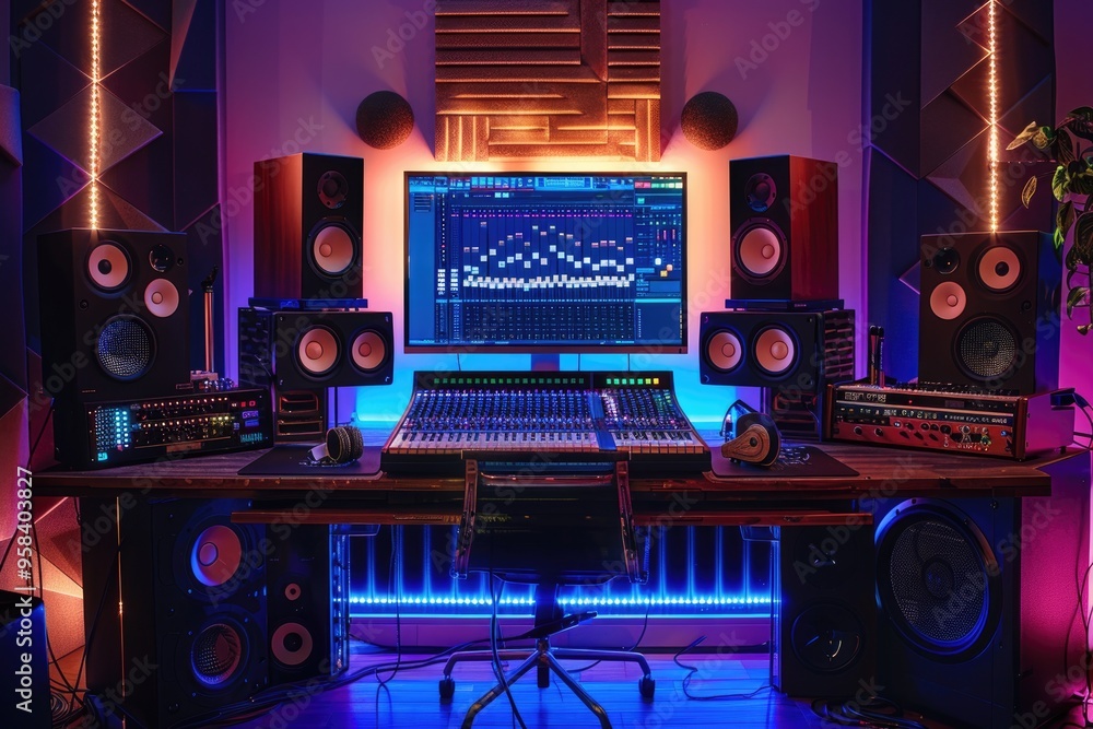 Modern Music Production Studio with Professional Audio Equipment and Mood Lighting Modern Music Production Studio with Professional Audio Equipment and Mood Lighting