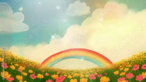 A video created with illustrations of flowering fields, sparkling sunshine, rainbows, and moving clouds