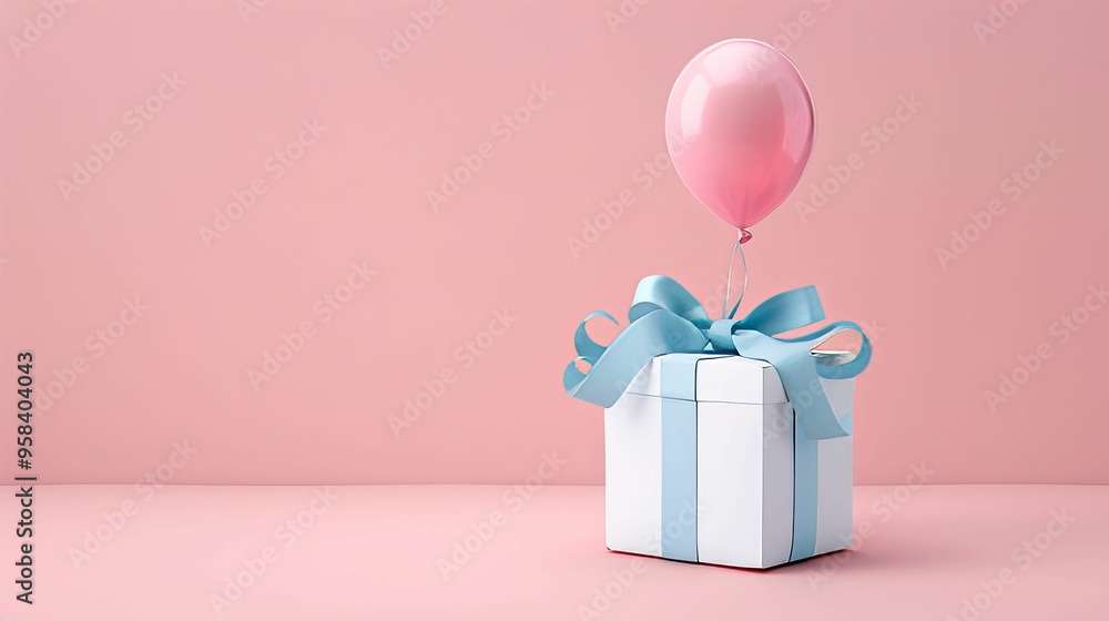 A Pink Balloon Floating Above a Gift Box with a Blue Ribbon A Pink Balloon Floating Above a Gift Box with a Blue Ribbon