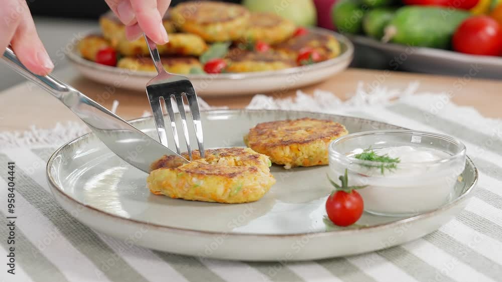 Macro. Using a knife and fork, cutting a cooked vegetarian cutlet, wooden table. Cutlet made of vegetables carrots, onions, parsley, potatoes and zucchini. Healthy eating concept, close-up, front view Macro. Using a knife and fork, cutting a cooked vegetarian cutlet, wooden table. Cutlet made of vegetables carrots, onions, parsley, potatoes and zucchini. Healthy eating concept, close-up, front view