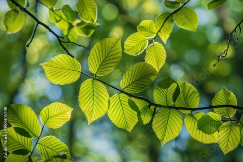 Magic Springtime: Beautiful Fresh Green Beech Leaves in the Tranquil Sky