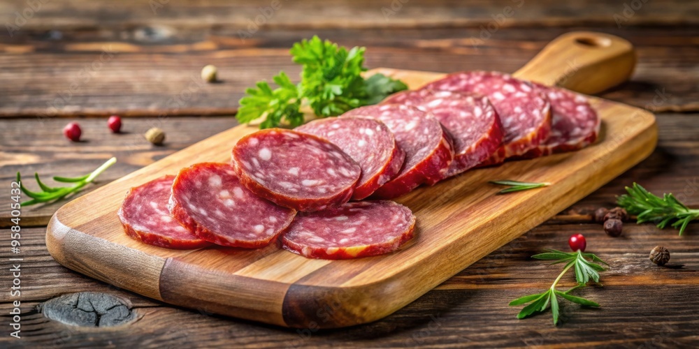Delicious slices of salami on a wooden cutting board, salami, meat, charcuterie, deli, savory, Italian, food, snack, protein Delicious slices of salami on a wooden cutting board, salami, meat, charcuterie, deli, savory, Italian, food, snack, protein