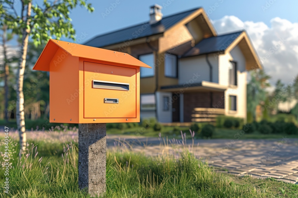 Mail Box. Three-Dimensional Address Box with Blank Cardboard on Birch Background Mail Box. Three-Dimensional Address Box with Blank Cardboard on Birch Background