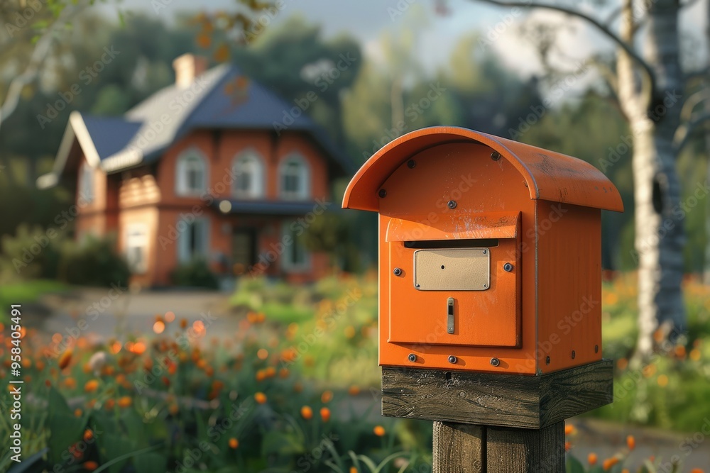 Mail Box. Three-Dimensional Parcel Box with Birch Background and Blank Cardboard Label Mail Box. Three-Dimensional Parcel Box with Birch Background and Blank Cardboard Label