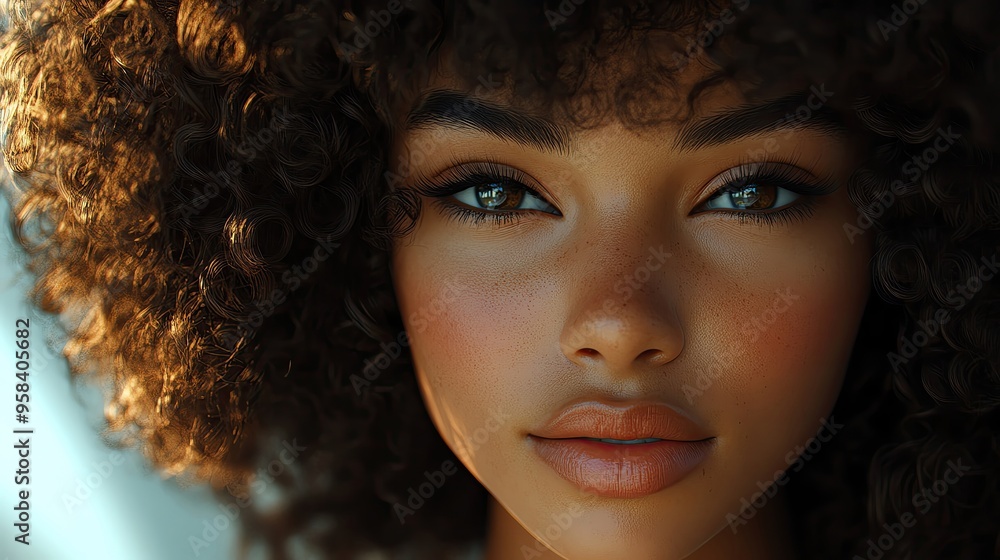 Close-up portrait of a young woman with beautiful curly hair, showcasing radiant skin and expressive eyes in natural light. Close-up portrait of a young woman with beautiful curly hair, showcasing radiant skin and expressive eyes in natural light.
