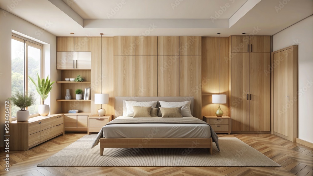 Minimalist bedroom with light wood cabinets and beige walls , serene, simple, clean, modern, cozy Minimalist bedroom with light wood cabinets and beige walls , serene, simple, clean, modern, cozy