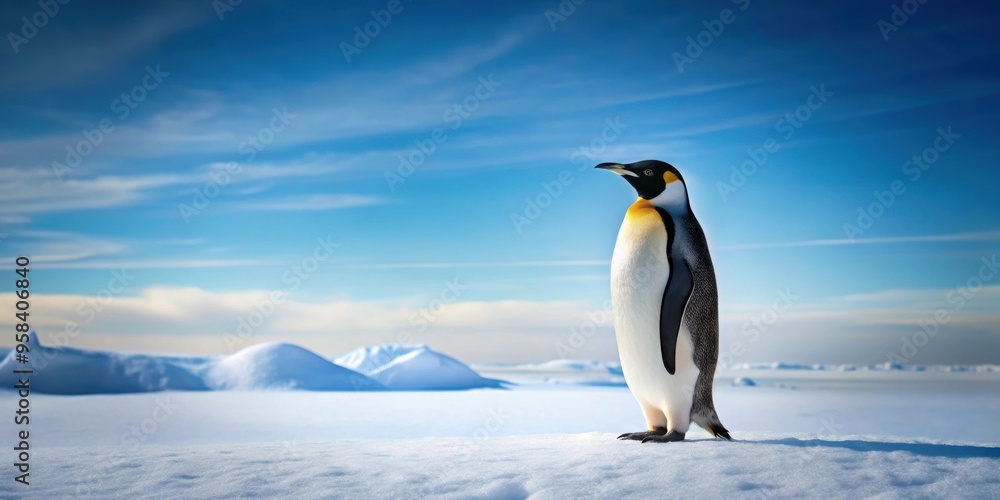Fototapeta premium Penguin standing on snowy landscape, Antarctica, Cold, Wildlife, Fluffy, Ice, Arctic, Cute, Winter, Nature, Animals, Bird, Snowflakes