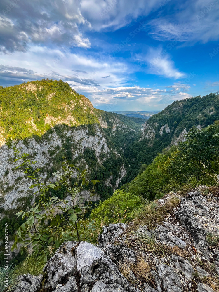 Fototapeta premium landscape with sky, Oltet Gorges, Polovragi Village, Gorj, Romania 
